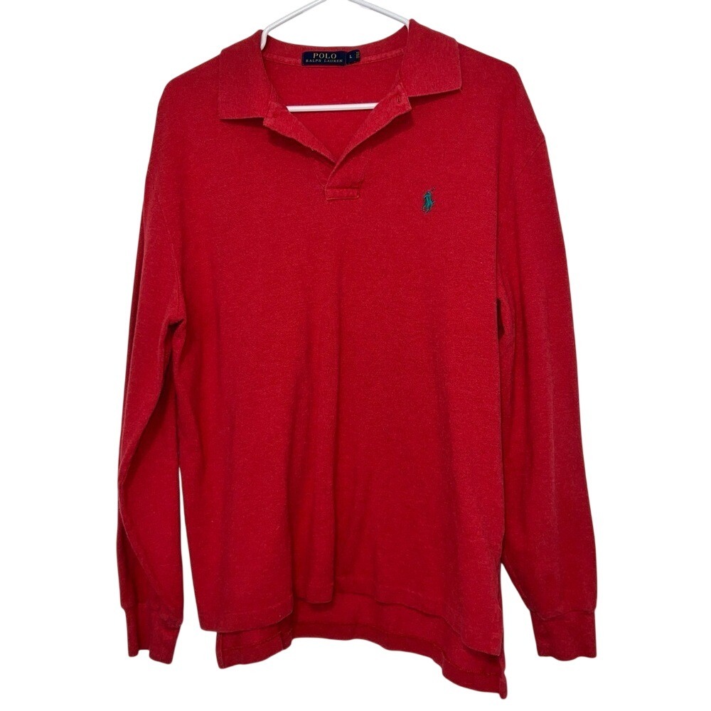 Polo Ralph Lauren Mens Long Sleeve Knit Shirt‎ Large Red Cotton Pullover Pony